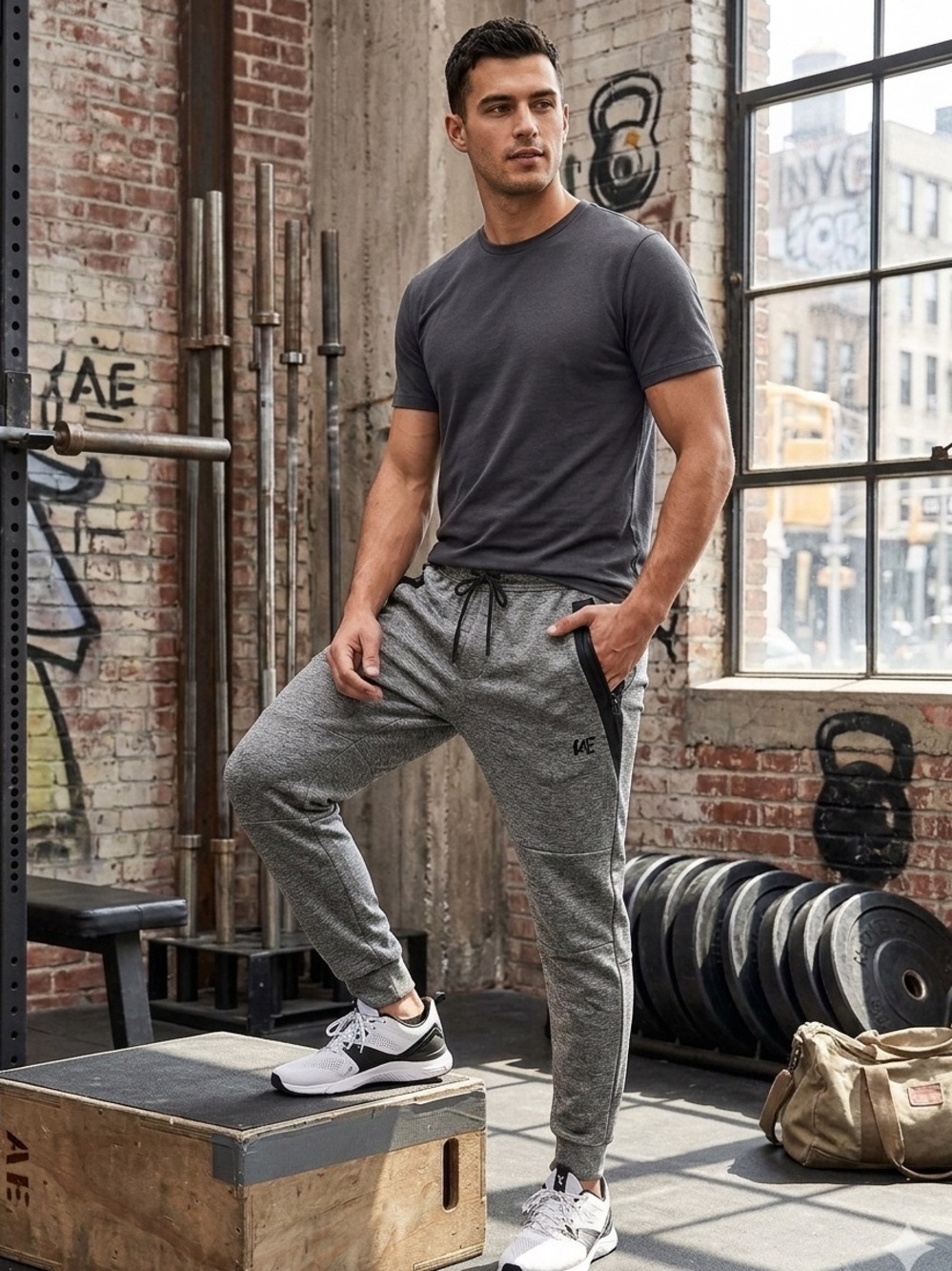 Men’s American Eagle Gray Jogger Sweatpants with Black Zip Pockets